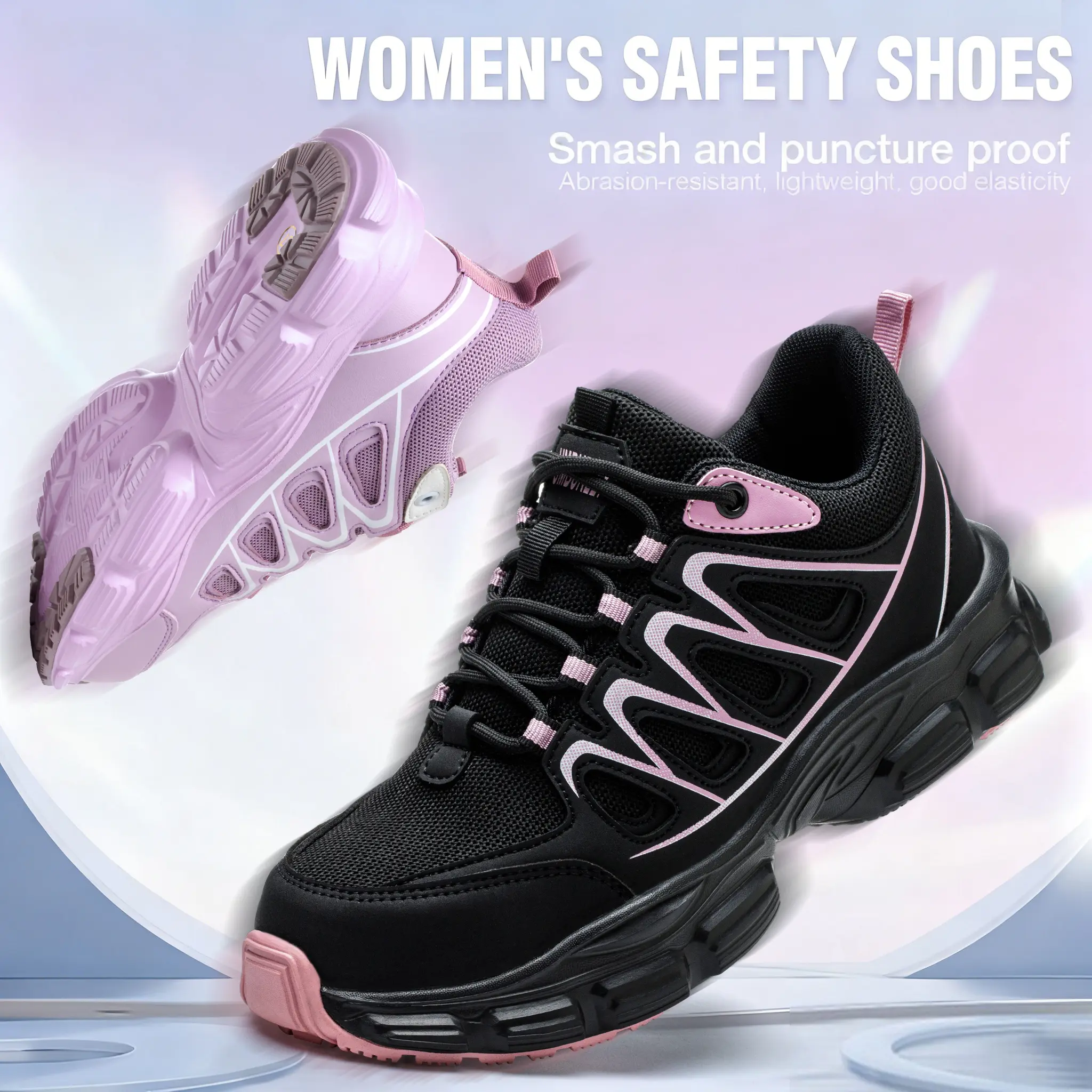 Women's Safety Shoes Anti-Smash Steel Toe Anti-Puncture Kevlar Lightweight Breathable Ladies Work Boots for Factory Workshop Outdoor Construction Non-Slip Black Closed Toe Footwear Worker