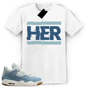 HER Jordan 4 Denim Worn Blue Matching Sneaker Tee Shirt White, Denim Worn Blue 4s Graphic Tee, Gildan 5000 Unisex Shirt, 100% Cotton, Print Short sleeve Tee