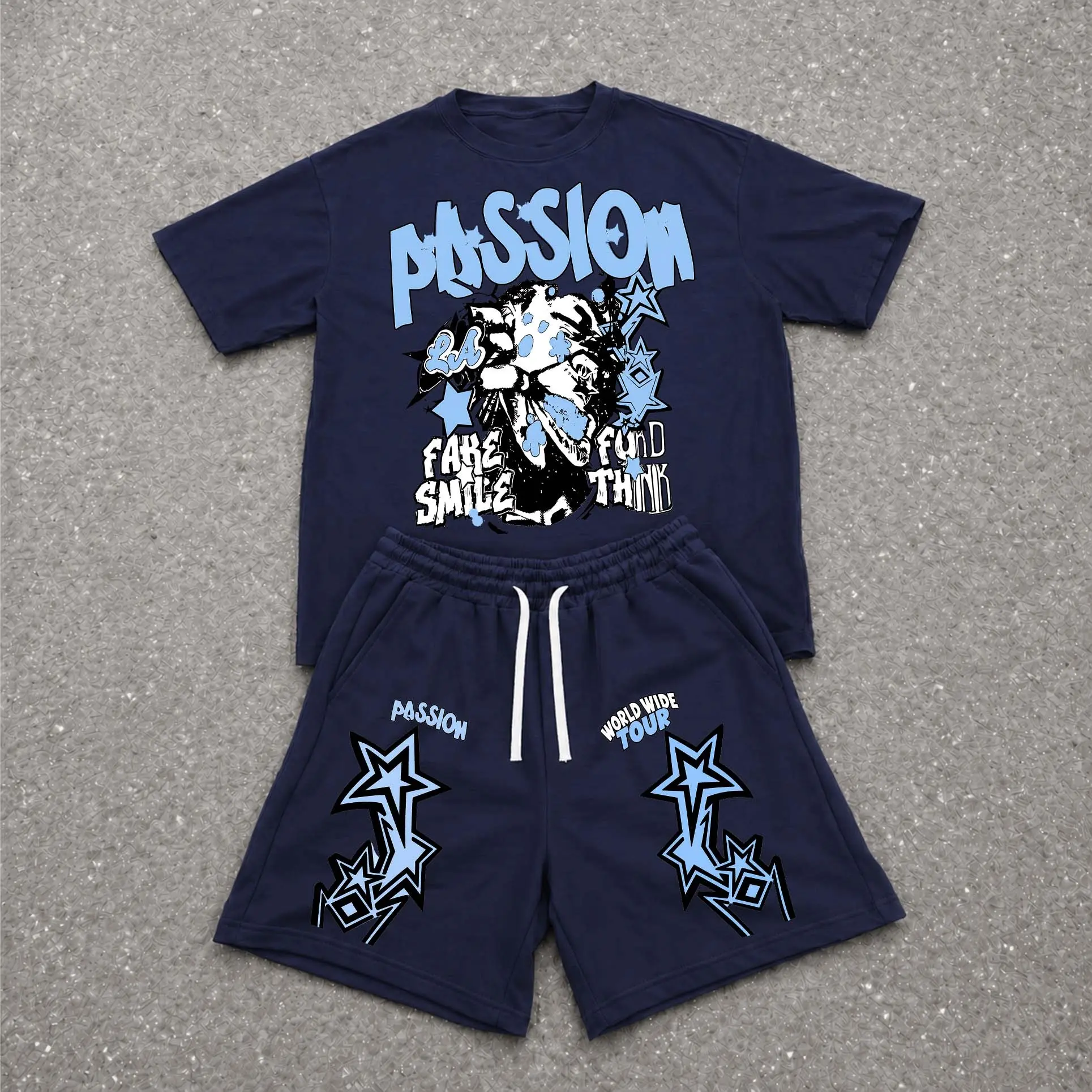 Men’s Summer 2 Piece Set, Steet Star Skull Hip-Hop Street Style Letter Print Short Sleeve T Shirt and Drawstring Shorts Matching Outfit, Lightweight Breathable Casual Set for Travel, Streetwear, Beach, Vacation, and Daily Wear