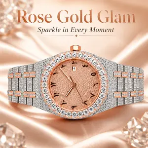 Full Iced quality wrist watch automatic waterproof bling bling diamond style watch round face design with Arabic numerals.