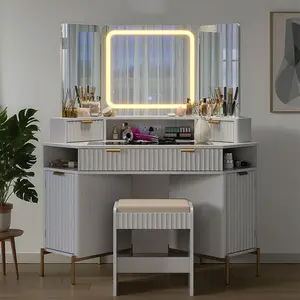 48" Modern Corner Vanity Desk Set with LED Light, Multi-Functional Dressing Table for Bedroom Storage