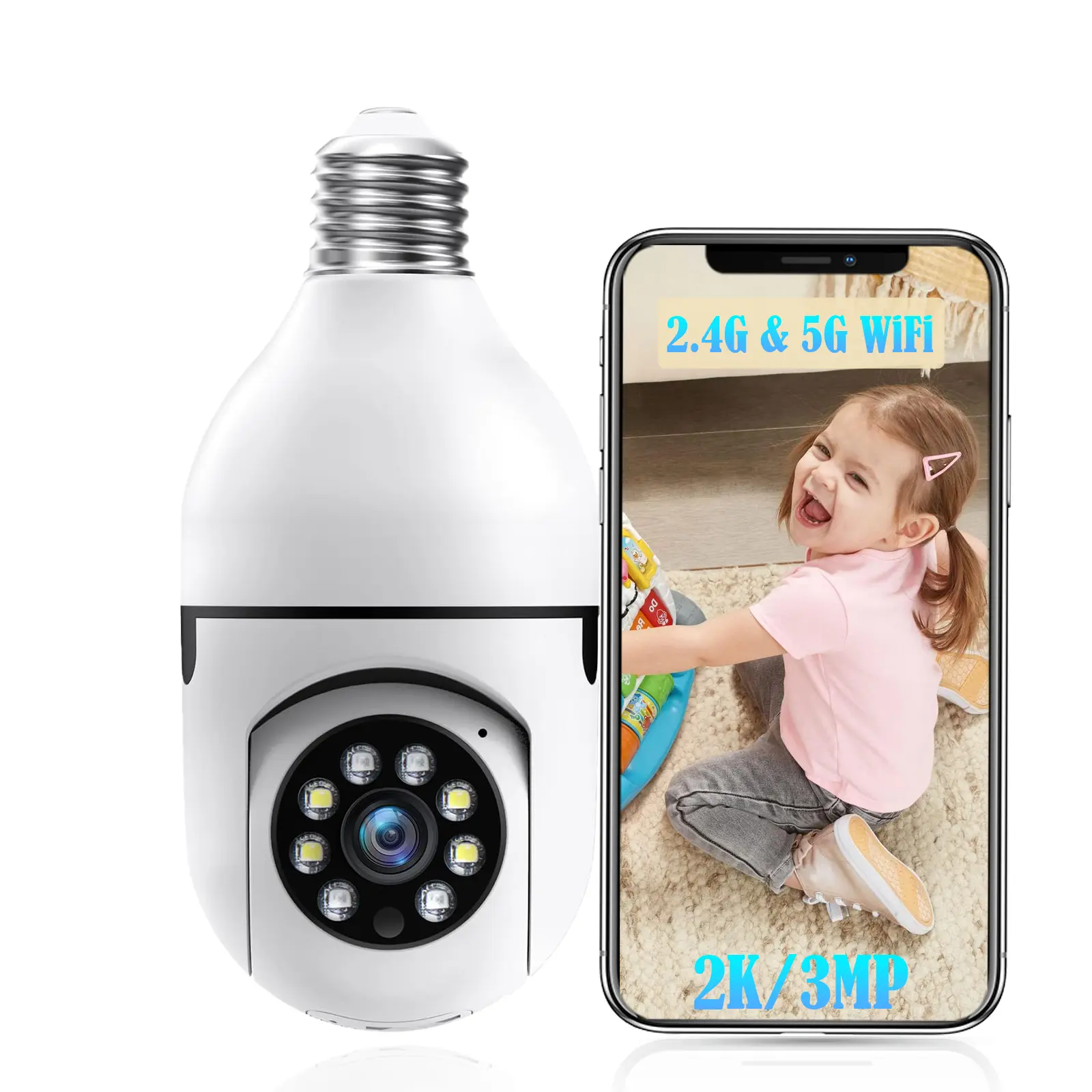 2K/3MP Light Bulb Security Camera, 360° Auto Tracking, Human Motion Detection and Alarm & Siren, Color Night Vision, 2-Way Talk, 5G & 2.4GHz WiFi