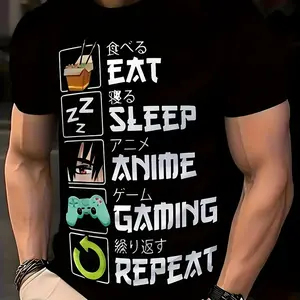 Men's Summer Casual T-Shirt with Unique Manga-Inspired 3DS Digital Print - "Eat, Sleep, Anime, Gaming, Repeat" Graphic, Crew Neck, Short Sleeve, Polyester, Machine Washable, Breathable Tshirt|Casual Wear|Durable Print