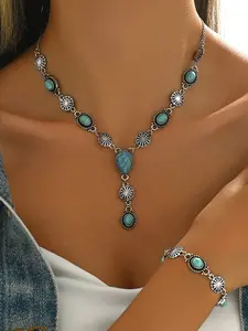 Boho Style Turquoise Decorated Necklace & Bracelet, Vintage Simple Jewelry Sets for Vacation and Party, Versatile Jewelry for Women