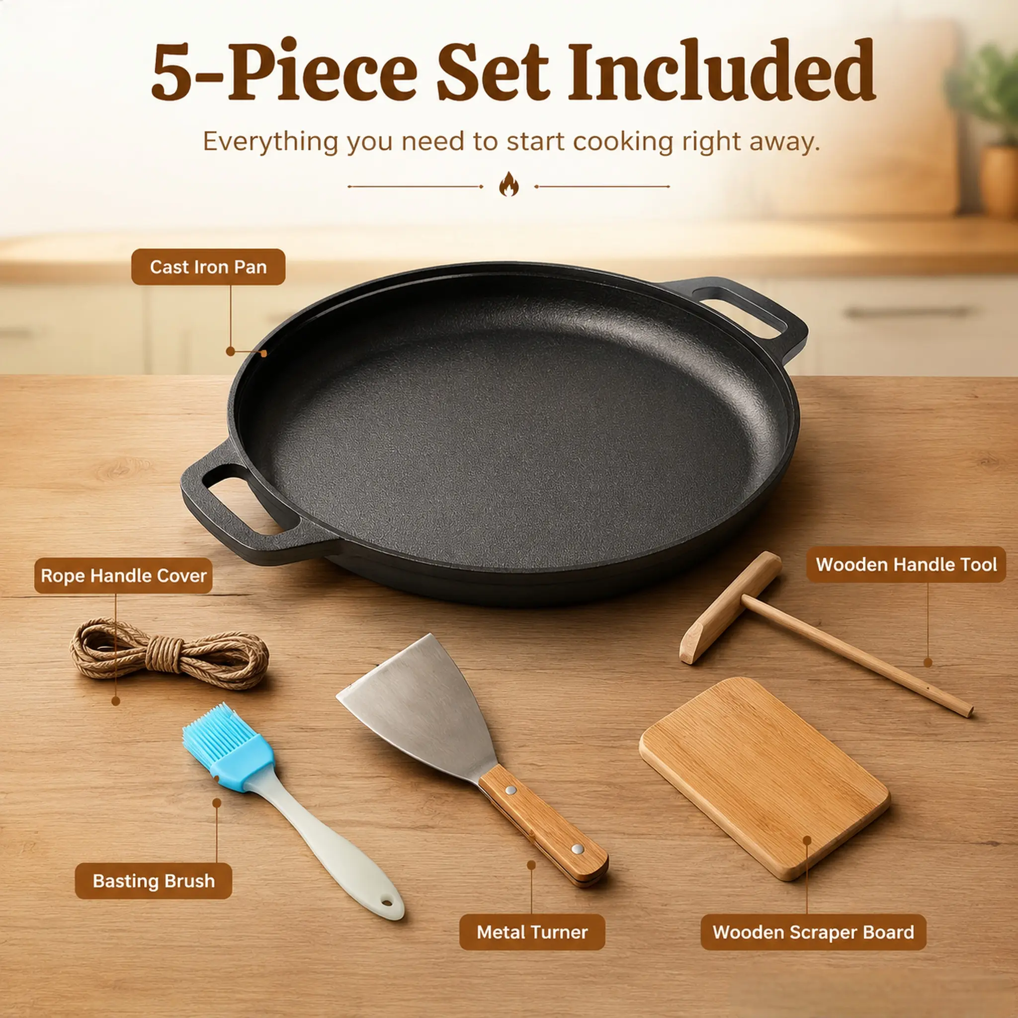 Uncoated Cast Iron Skillet Set (11.81in Diameter/11.02in, 1.02in Height) - 5-Piece, Double Handles, Induction-Ready, Seasoning-Compatible, Thermal, for Outdoor Grill & Frying Eggs, W/ Heat-Resistant Rope, Silicone Brush, Wooden Handle, Oil Spatula, Thick,