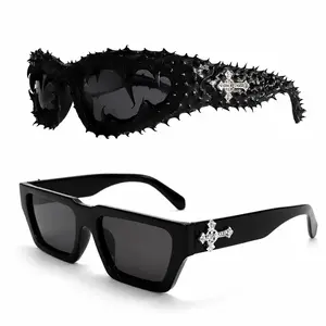Women's Edgy Design Spiked Wraparound Sunglasses - Brutalist Textured Frame, Bling Cross Embellishments, UV400 Lenses, Funky Unique Accessories, Cyberpunk Alt Girl Style Festival Fashion Eyewear