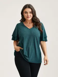 【Summer Turn-Up】BlOOMCHIC Plus Size Jacquard Textured Lotus Leaf Sleeve Top in Cyan with Ruffle Sleeves & V-neck Design for Women SpringStatements [M-6X] 2026 Summer Pick for Mother's Day