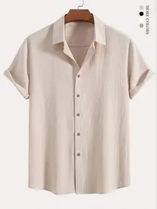 Men's Loose Solid Plain Button Front Shirt, Casual Short Sleeve Collar Top for Summer, Fashion Men's Clothes for Daily Wear, National Day Offers