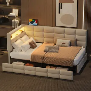 【Bellemave】Upholstered Twin Size Daybed with Storage 2 Drawers and Charging Station, Day Bed Frame with LED Lights and Storage Headboard, No Box-Spring Needed, Beige