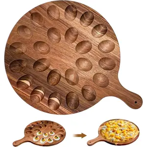 Round Acacia Wooden Deviled Egg Platter 24 Holes Deviled Egg Holder Charcuterie Board Carrier for Kitchen Countertops