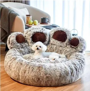 Giant Paw Print Plush Pet Bed - Fluffy Calming Donut Dog Bed for Large Dogs & Cats - Cozy Shaggy Fur Nest Bed with Anti-Slip Bottom - Self-Warming Pet Furniture for Deep Sleep - Cute Pet Supplies
