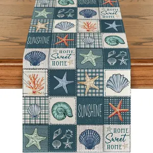 1 PC, Checkered Conch Shells Starfish Summer Table Runner, Seasonal Kitchen Dining Table Decoration For Home Party Decor