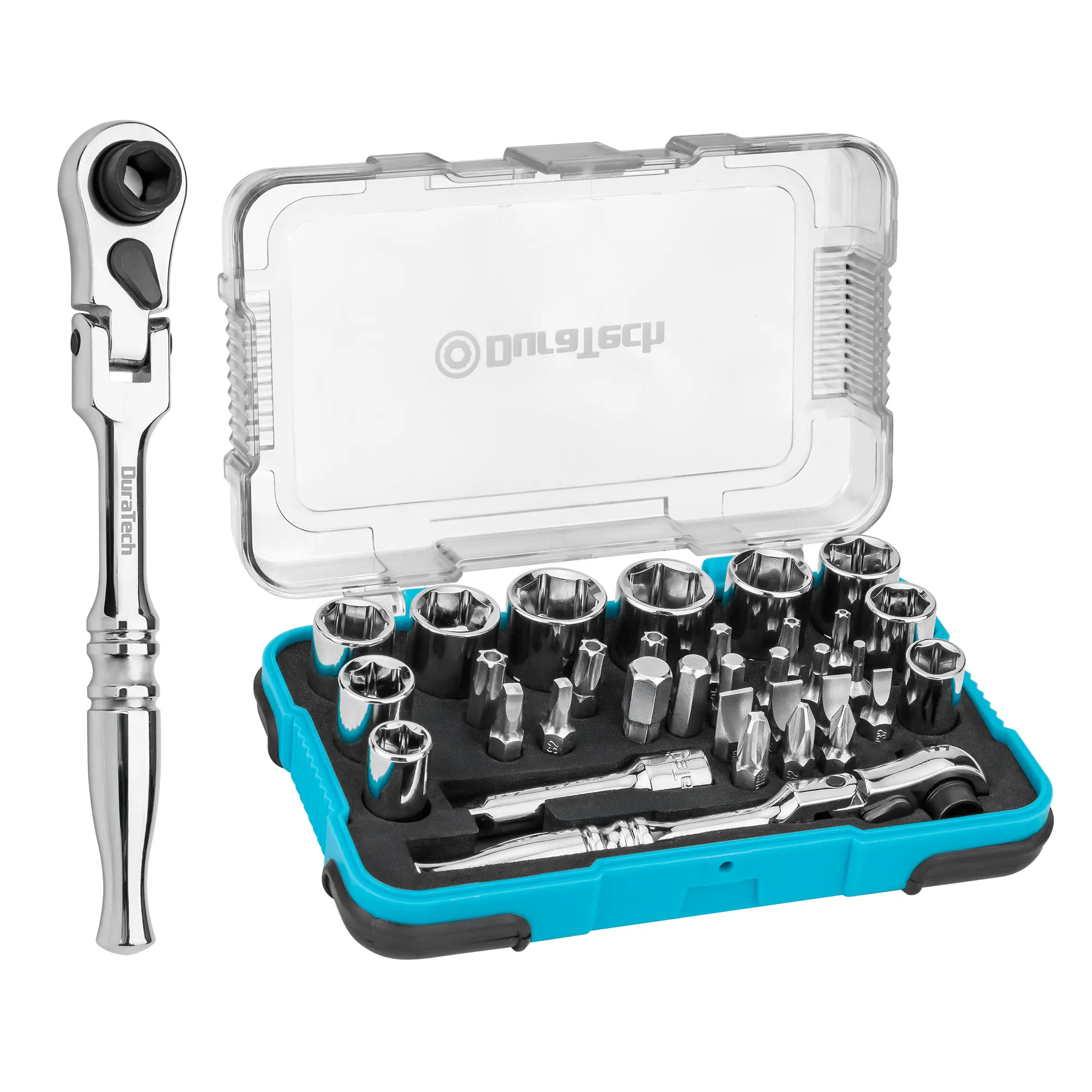 #toolupgrade DURATECH 33-Piece 1/4" Drive Socket and Ratchet Set, 2 in 1 Flex Head Ratchet with Magnetic Bit Driver, CR-V Steel Sockets & Bits, Organized in Storage Case