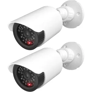 Dummy Fake Camera, Surveillance Security CCTV Dome Camera, Indoor Outdoor Cameras, with One LED Light, Security Alert Sticker Decals For TC-W2, 2 Packs, White