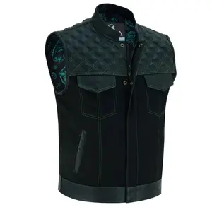 Men’s Black Denim Motorcycle Vest – Green Diamond Quilted SOA Style Biker Vest with Side Laces, Zipper Snap Closure & Multi Pockets