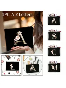 Trendy Polyester Letter Print Zipper Makeup Bag, Large Capacity Storage Pouch, Makeup Organizer Pouch, Perfect Gift for Couples and Family, Handheld Portable Card Holder
