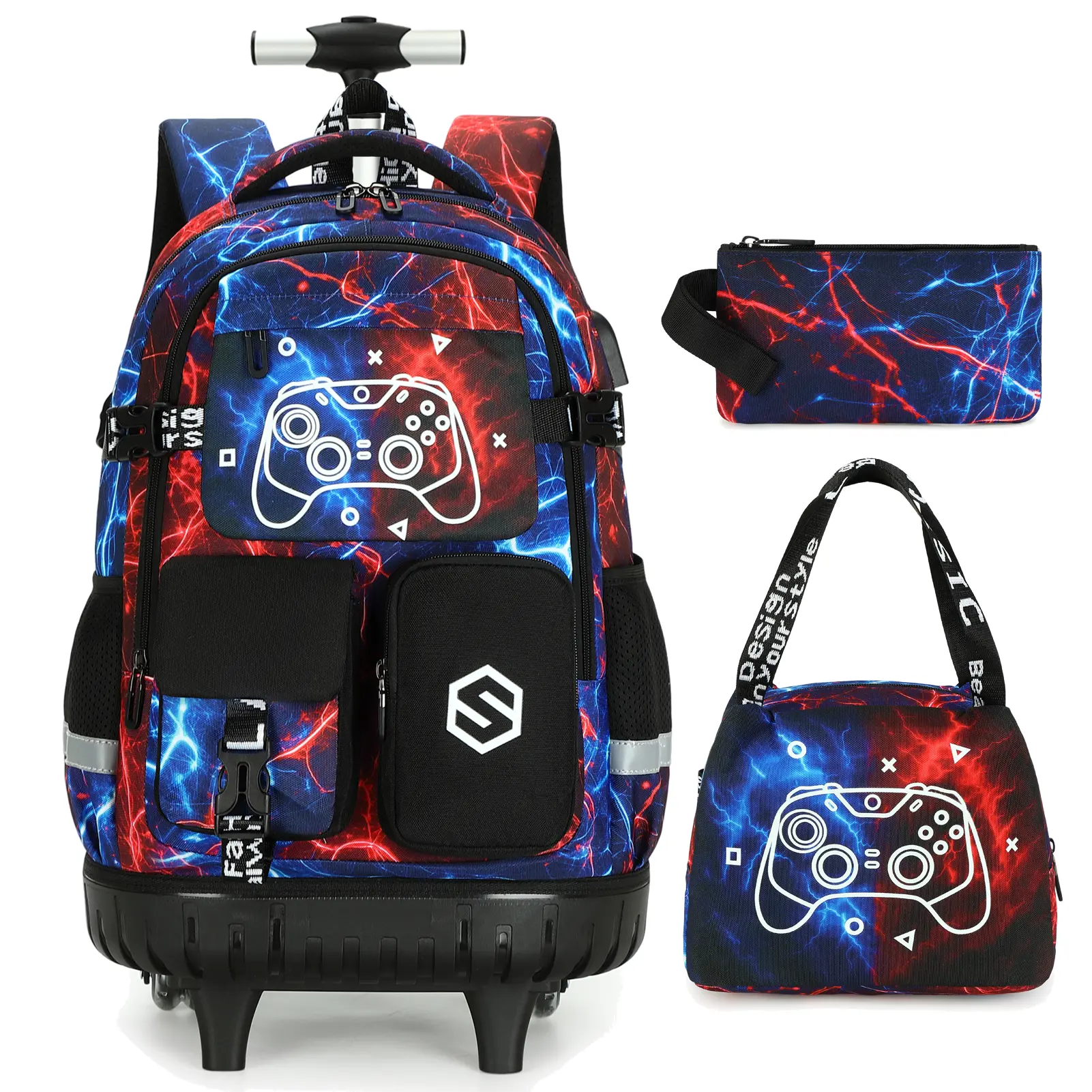 SIMILOVE Cool Luminous Waterproof Rolling School Bag 3-Piece Set with Lunch Bag, Pencil Pouch, Wheels & Zipper for Boys, Back to School Luggage for Kindergarten-Elementary Students