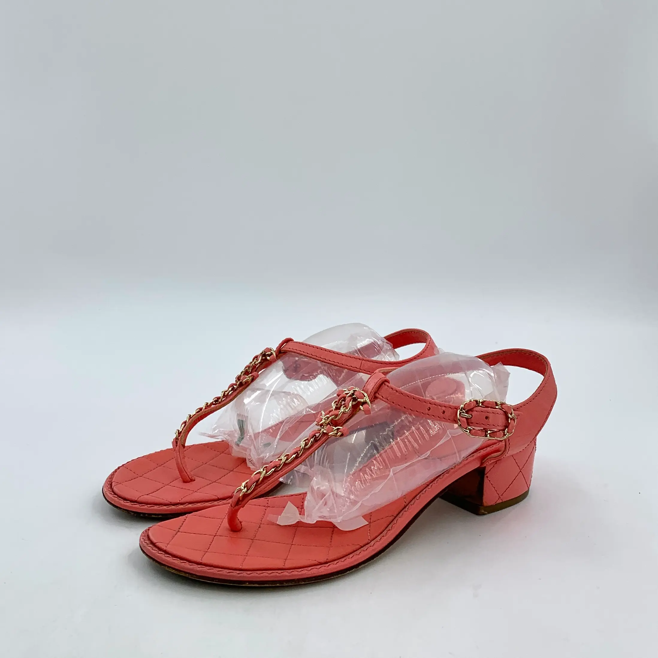 RDLT-Chanel Size 37 Red Chain Strap Buckle Block Heel Sandals