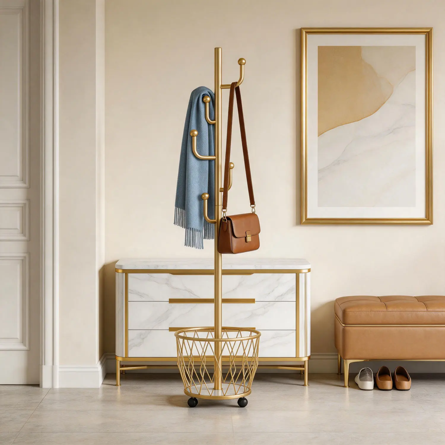 Metal Cactus Shape Entryway Hanger Stand - Sturdy Coat Rack with Storage Basket, Hooks, Stable Design, Movable for Hall, Glamorous Look