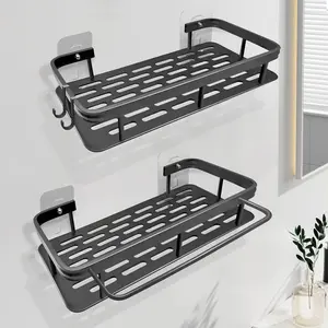 Rustproof Aluminum Shower Caddy with Adhesive Shelves & Hooks - 1/2-Pack, No Drill Wall Mount, Premium Organizer for Bathroom, Kitchen, Garage - Black
