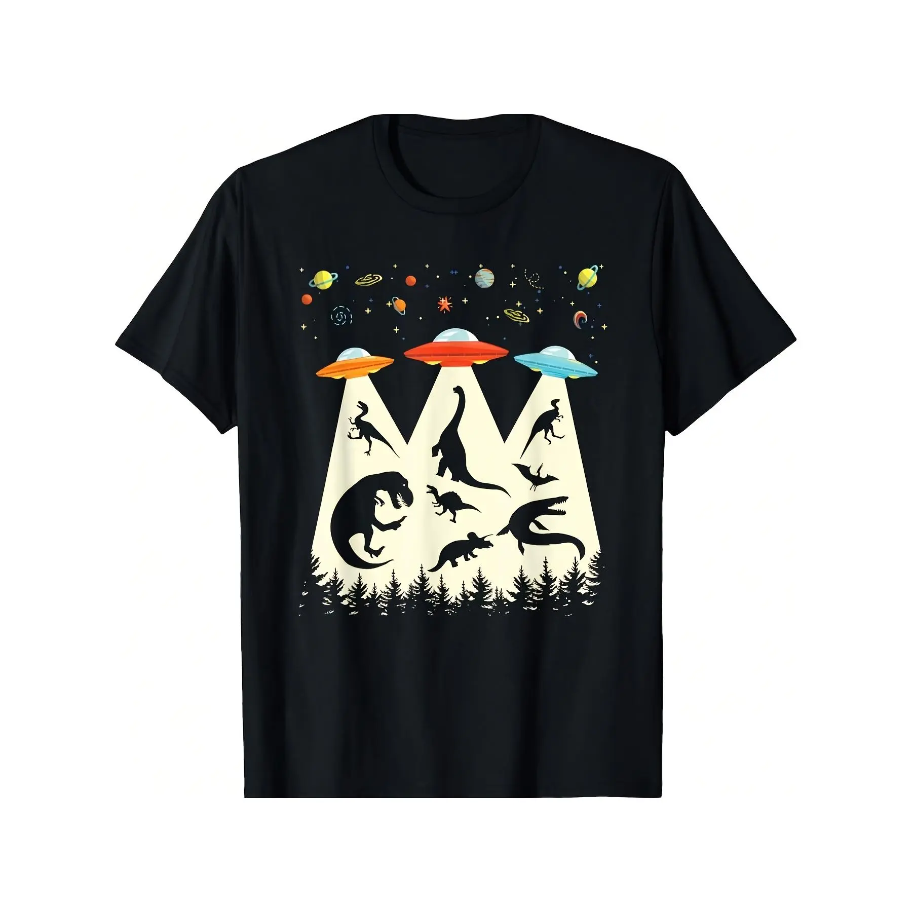 Men's Vintage Dinosaur & UFO Graphic T-Shirt -  Alien Adventure Design with Mysterious Creature & UFOs,  Cotton, All-Season Comfort, Machine Washable, Regular Fit for Gym, Outdoor Activi, Comfortable Tee Graphic Print Shirt, Vintage Graphic Tees