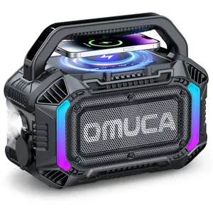 OMUCA Loud Outdoor Speaker with Bass,Waterproof Floatable, Wireless Charge, TWS, Portable Speaker for Work, Garage (Black)