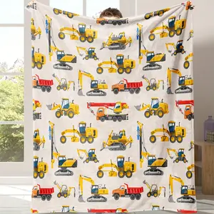 1PC 280GSM Soft Flannel Throw Blanket with Vintage Truck & Excavator Prints, Warm Lightweight for Home Sofa Bed, Travel, Ideal Gift for Living Room Use, Vintage Prints