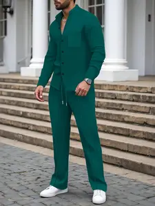 Men's Christmas Gift Set, Friday Two-Piece, Fall Winter Waffle Knit Suit, Long Sleeve, Casual Drawstring Pants, Elastic Waist Jogger Style, Menswear