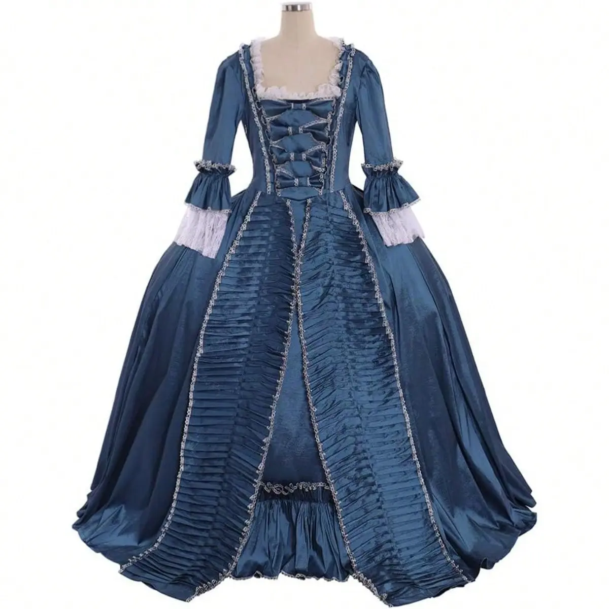 Women's Deep Blue Rococo Ball Gown - Gothic Victorian Marie Antoinette Fashion Costume with Intricate Lace, Gothic Ornamental Details, Luxurious Fabric, Accessories for Historical Cosplay, Victorian Mourning Elements, Wide Pannier Silhouette, Garment