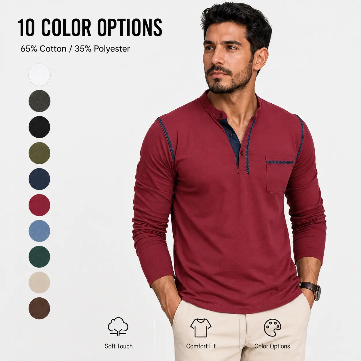 Men’s Long Sleeve Henley Shirt, Premium Soft Breathable Band Collar Top with Chest Pocket, Modern Slim Fit Casual Basic Tee for Fall Winter Work, Streetwear & Everyday Wear
