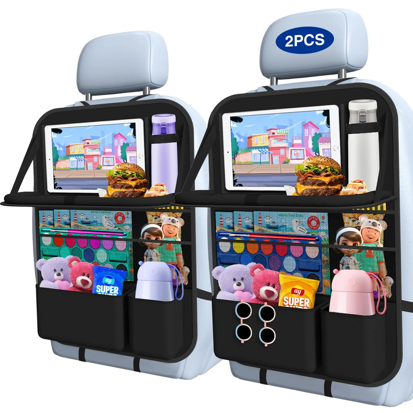 Car Backseat Organizer 2-Pack with Foldable Table Tray, 9 Pockets, Tablet Holder & Kick Mats - Car Accessories Interior, Universal Seat Fit, Velcro Buckle Easy-Install, 600D Oxford Fabric, 100% Waterproof & Stain-Resistant Wipe-Clean Stowing Accessory, 10