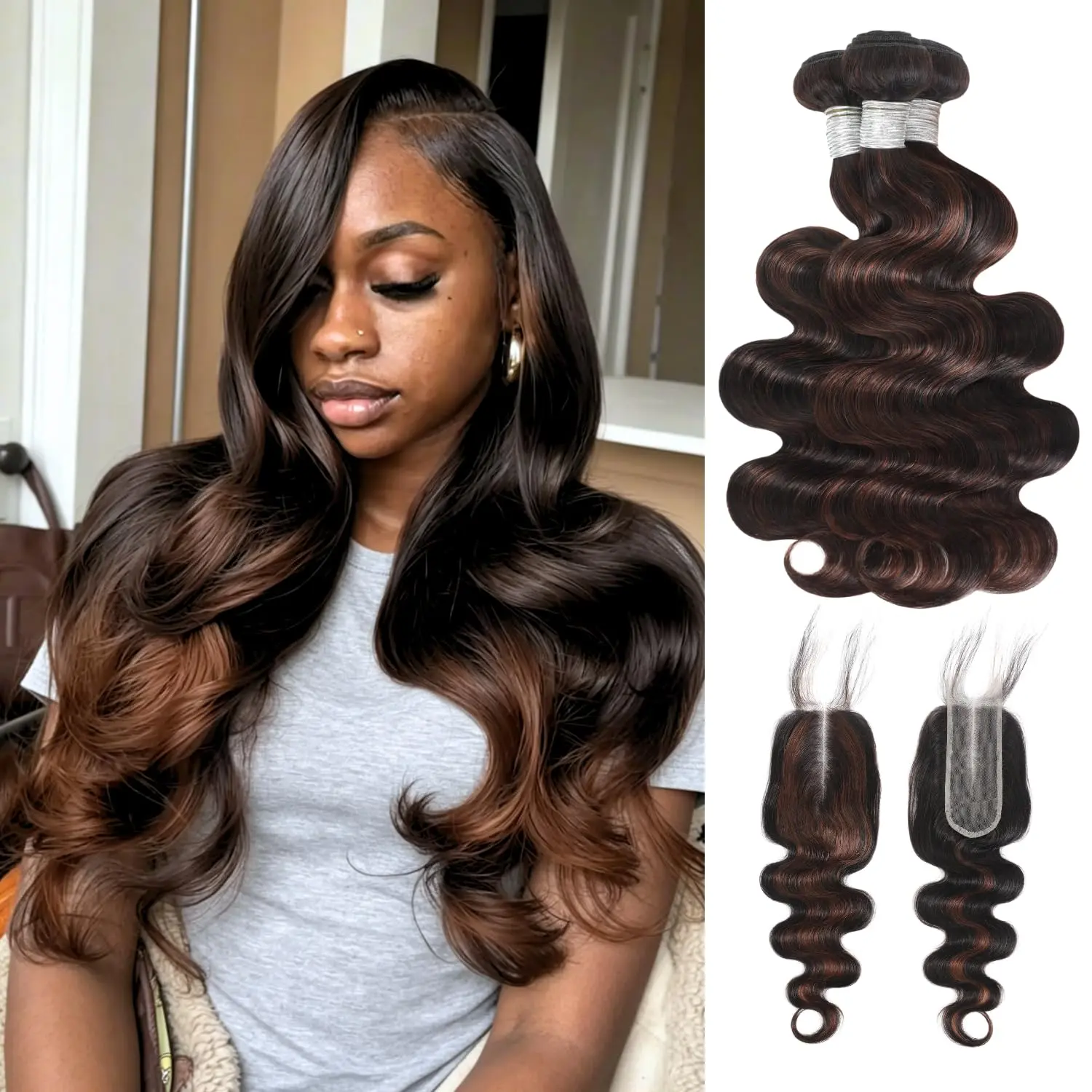Brown Highlighted Bundles with 2x6 Closure Body Wave Human Hair, 12A Thick #F4/2 Dark Brown with Chestnut Highlight Human Hair Bundles and 2x6 Hd Lace Kim K Closure Long Deep Part 10 12 14+10 In