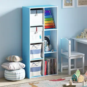 LUDER 7-Cube Open Composite Wood Bookshelf - 9.4x19.5x41.7in Staggered Height Book Rack, for Minimalist Bedroom, Living Room, Available in White, Light Blue, Bookshelf Book Rack