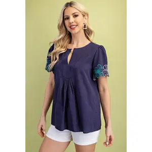 Gigio Notch Neck Embroidered Sleeves Blouse - Navy