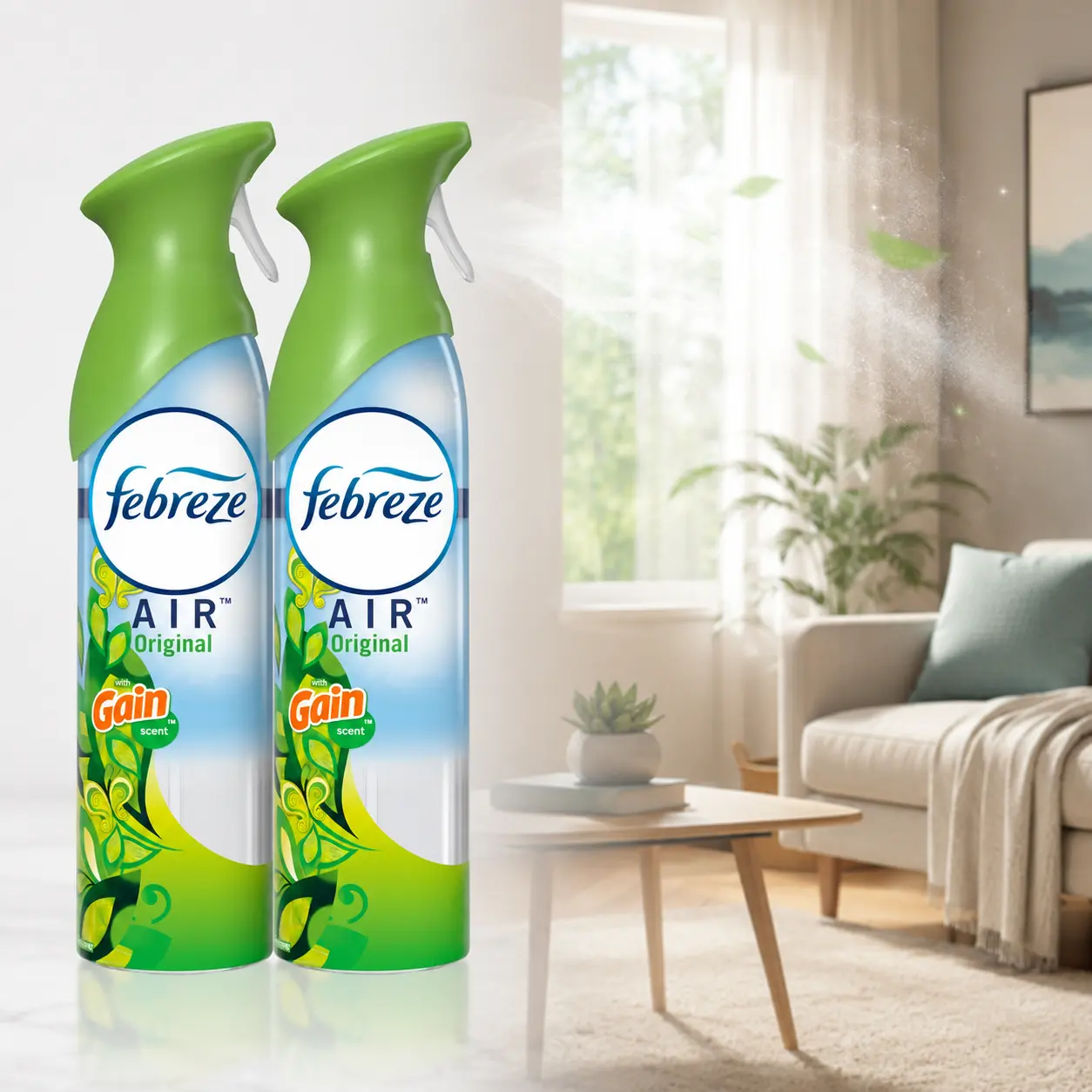 Febreze Air 8.8 oz. Original Gain Scent Air Freshener Spray, odor eliminator, air freshener spray, fights air odors, cyclodextrin, natural from corn, instant freshness, light fresh scent, 100% natural propellant, safe for pets, not around birds