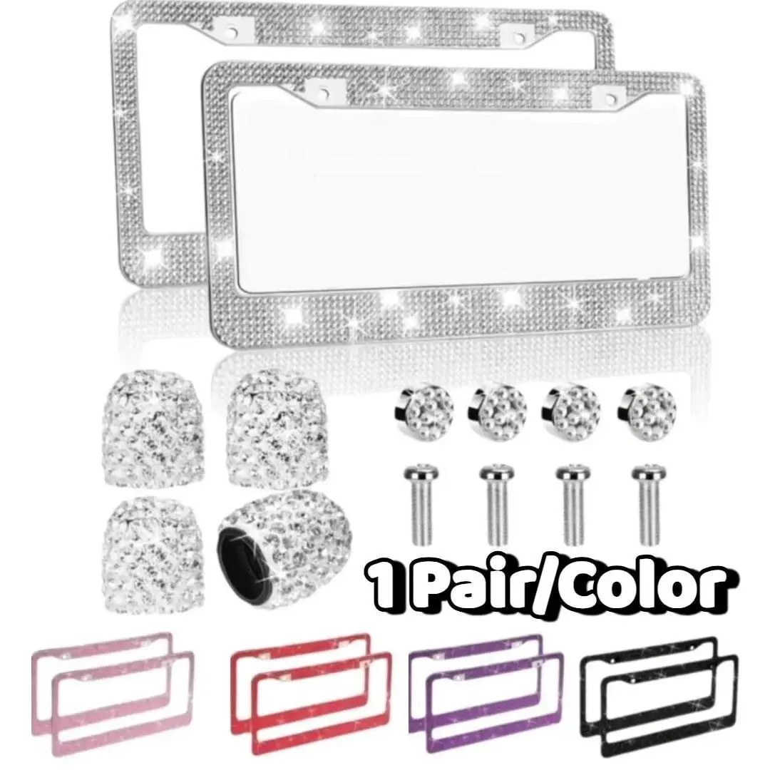 Bling License Plate Frames - 2pcs Stainless Steel Diamond Frames with Bling Valve Stem Caps, Rhinestone Accents Sparkly Car Plate Frame for Women, Front and Rear Set Girly Car Accessories Automotive Vehicle Bling Diamonds.（US/CA STANDARD）
