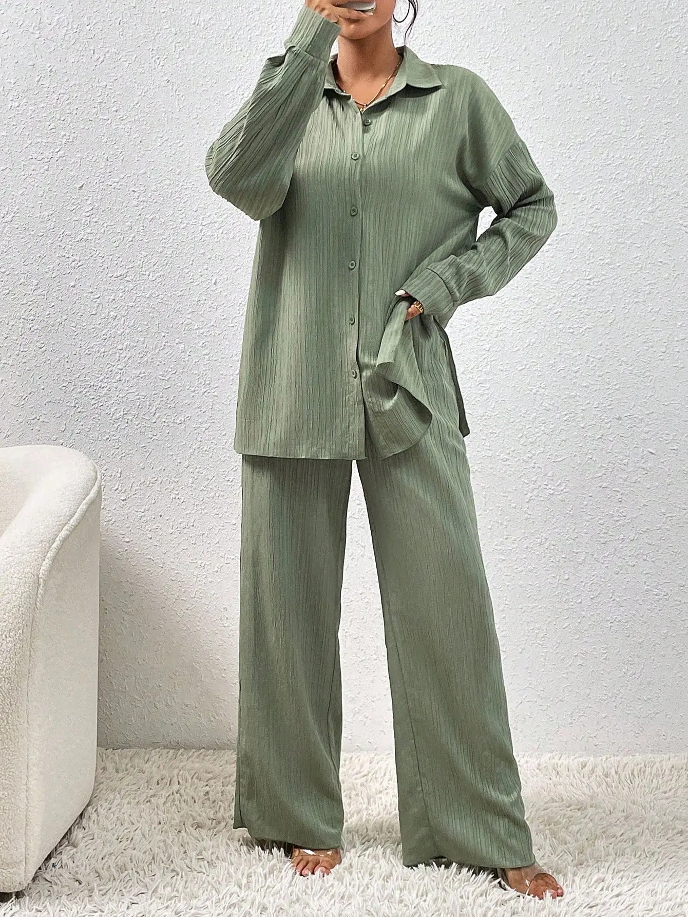Women's 2-Piece Textured Sage Green Set | Casual Drop Shoulder Side Slit Shirt & Wide Leg Pants | Elegant Summer Lounge Set | Luxury Crinkle Fabric Outfits for Women | Chic Vacation & Travel Matching Set | Loose Fit Pocket Pants Set 2026