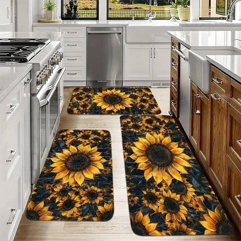 2/3pcs, Modern Kitchen Rug Set with Sunflower Design, Kitchen Carpet Made of Plush Material - Soft And Comfortable, Suitable for Bedroom, Living Room, Dining Room, Kitchen, Bathroom, And Entrance Mats