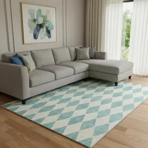 HomeRoots 650128 10 x 14 ft. Teal & Ivory Diamond Washable Machine Made Rectangle Area Rug with UV Protection