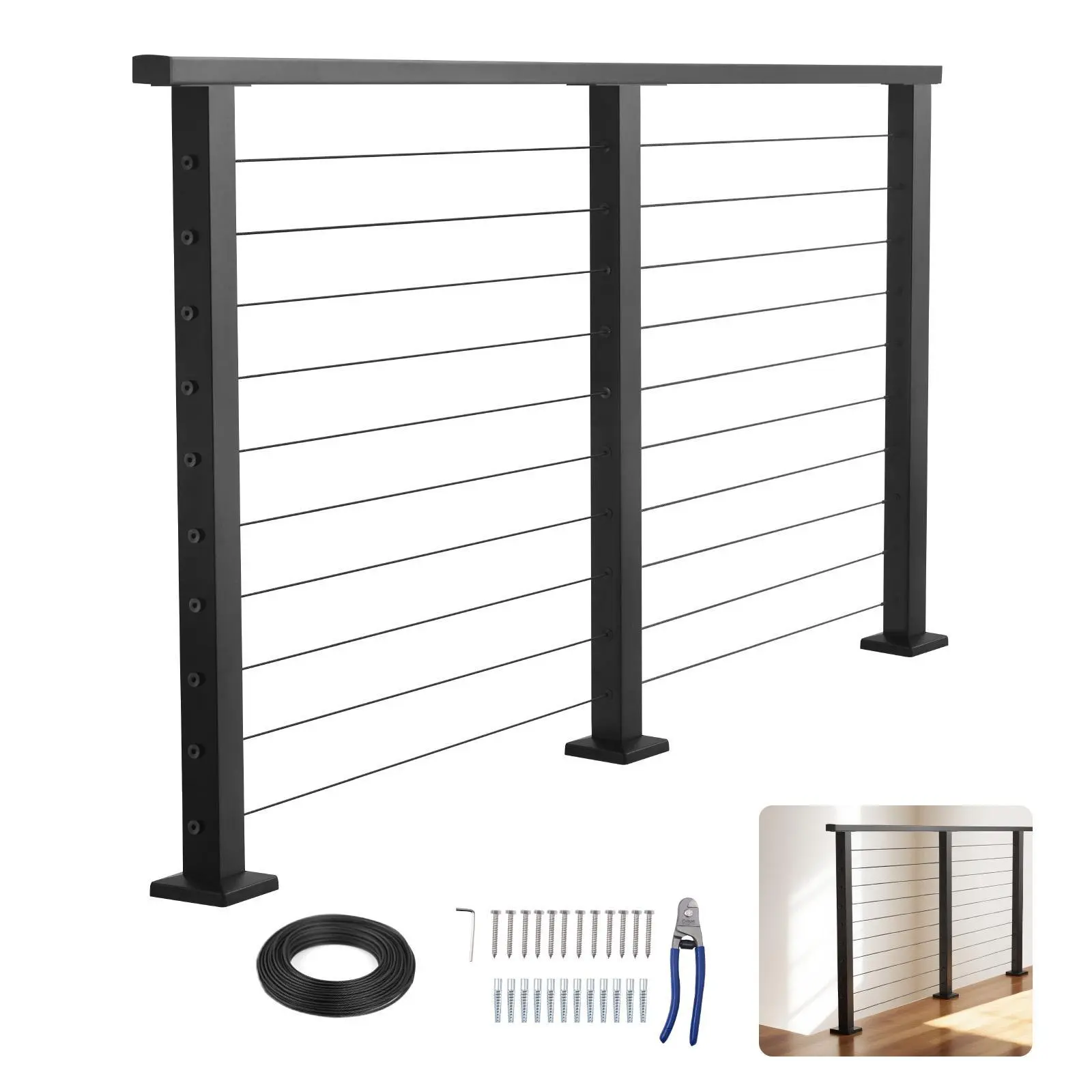 VEVOR 6.5 ft Complete Cable Railing Kit with Square Tubes, 35 in Tall Matte Black Stainless Steel Cuttable Handrail, Security Post System for Outdoor/Indoor Stairs, Deck#SohoChic