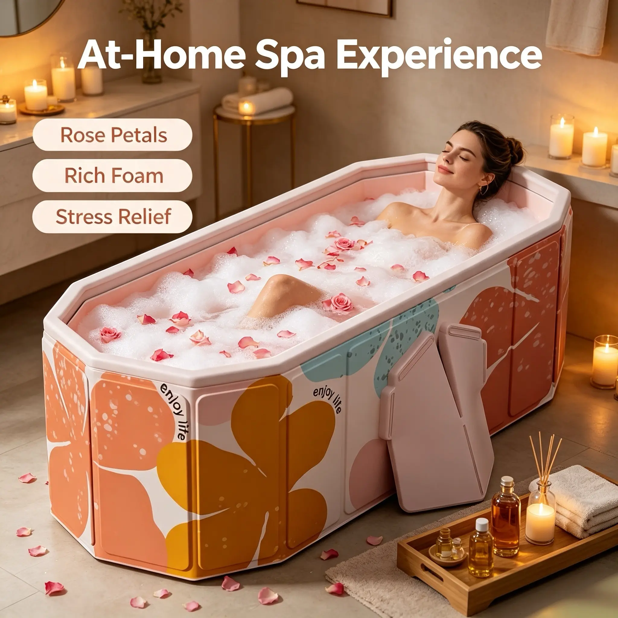 1.5m Extra-Large Foldable Portable Adult Bathtub, Space-Saving Household Tub with Fast Dual Drain for Indoor Spa Leisure