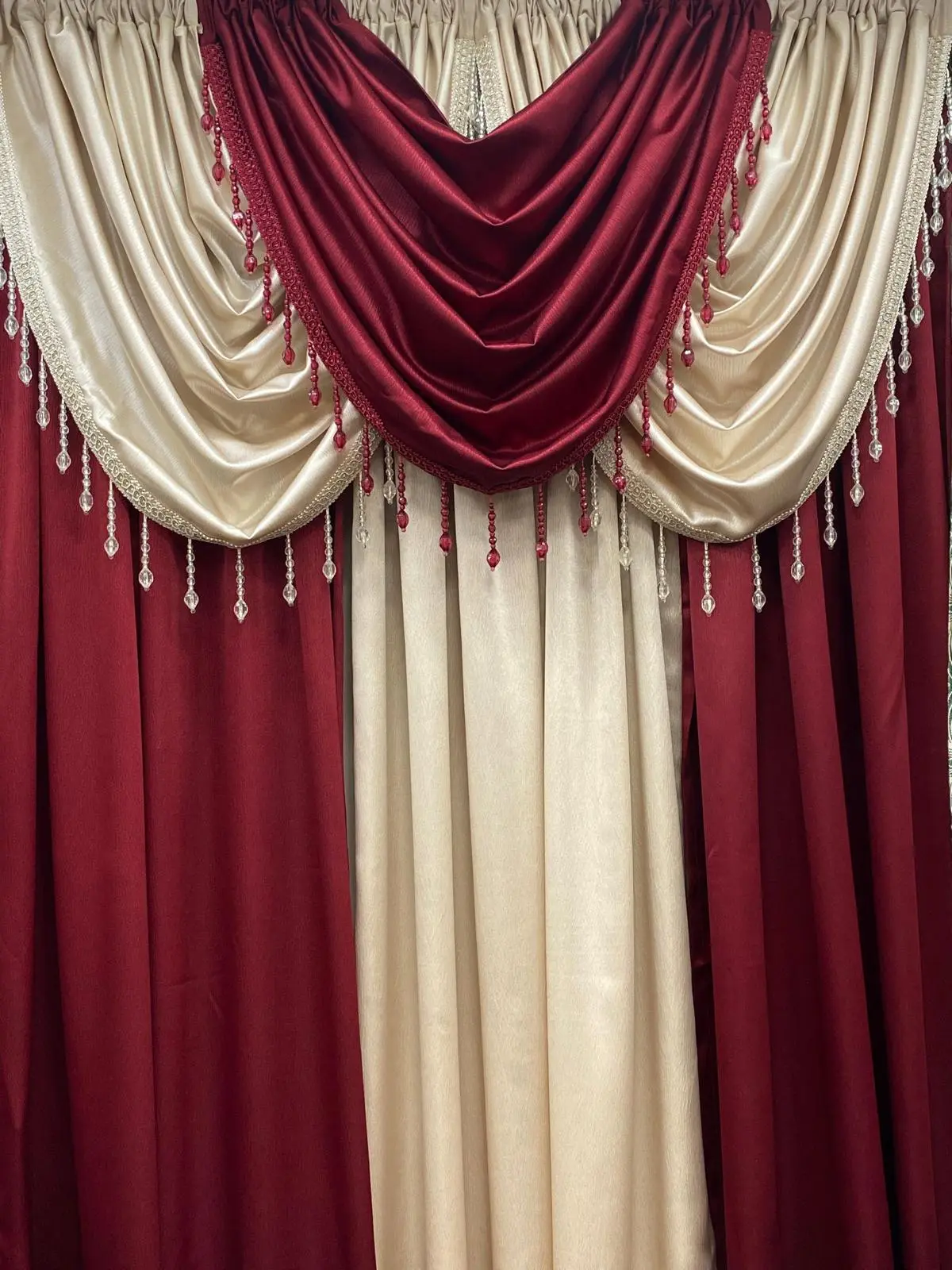 Luxury Regency Burgundy & Beige Curtain Set for Small Windows 36–46 Inch | Elegant Layered Window Drapes