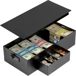 Box  Organizer - 15 x 7.5 x 4 Cashbox 5 Compartments Drawer Tray - Bills and  Slot with Combination Lock for POS Register, Kiosk, Retail, Personal and Business Use, Black