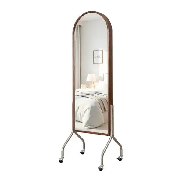 Bellemave Elegant Durable Natural Rubber Wood Frame Arched Standing Mirror with Storage - 2-in-1 Rolling Cart, Smooth Glass, Shelves, Wheels, Mirror for Vanity, Vanity Organization, Entryway Home Decor, Plain