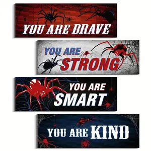 Spider Decorative Wooden Plaques Set of 4, Motivational Spider Wall Art for Bedroom Game Room, Living Room Home Decoration, Home Decor Products, Wooden Home Sign