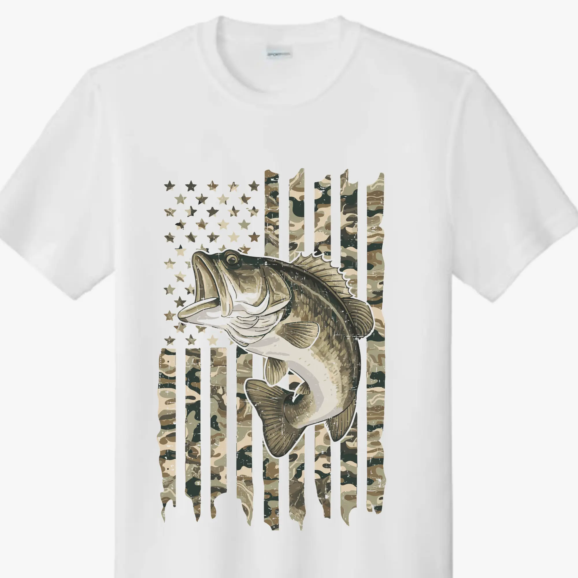 Camo Bass Fish with  American Flag Design Direct To Film Print, DTF Print, Ready To Press Print For T-Shirts