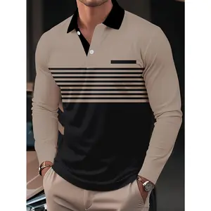 100% Polyester Long Sleeve Polo Shirt - Men's Casual Striped Print Regular Fit - Lapel Collar, Button Detail for Fall