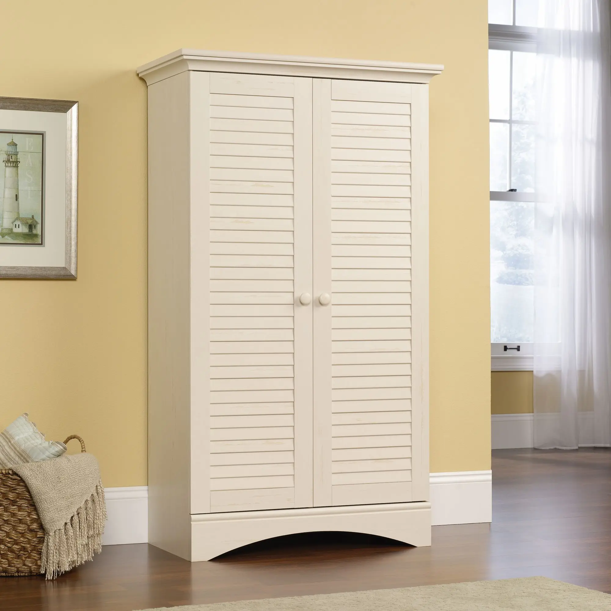 Sauder Coastal Cottage Wood Storage Cabinet - Regular Door, Louvered Doors, Adjustable Shelves, Full Upper Shelf, Hidden Storage, Sturdy Space-Saving Indoor Cupboard for Kitchen Organization, Laundry Room, 35.43"x16.73"x61.02", Assembly Required