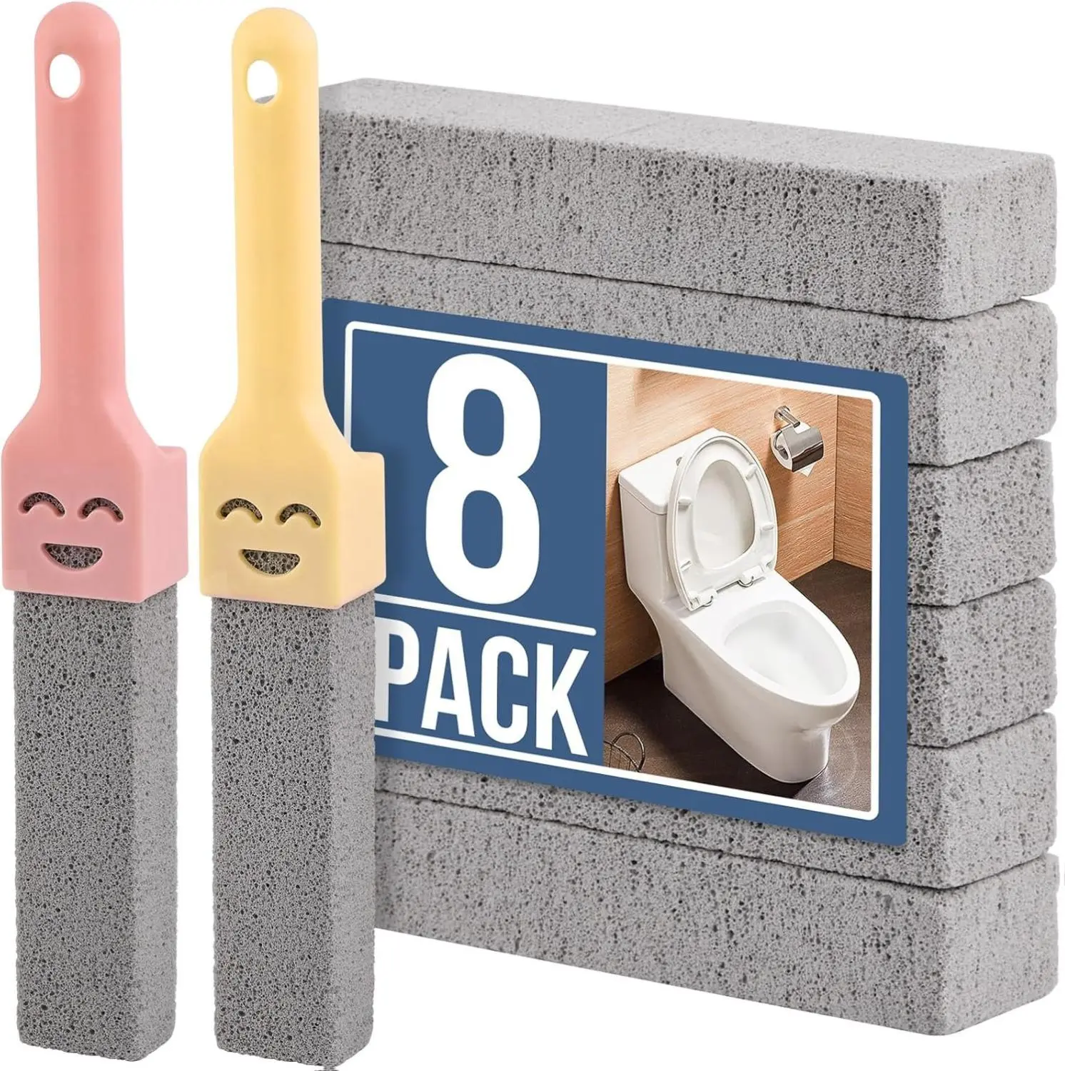 Grey Durable Mineral Pumice Stone Toilet Scrubber Brush Cleaning Tool Pack - 8 Scouring Sticks, 2 Universal Handles, Bathroom Cleaning Tools for Cleaning Toilets, Surface Restoration