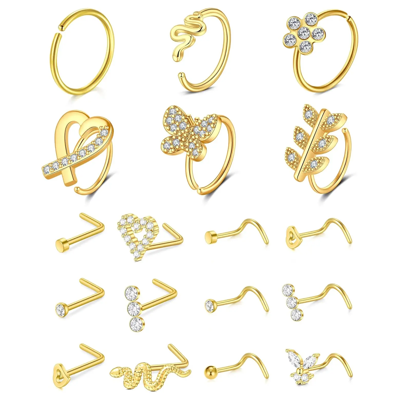 20G Nose Rings 18PCs/set Stainless Steel Nose Ring Gold Rings Hoops Studs for Women Men Piercings 20 Gauge Piercing jewelry